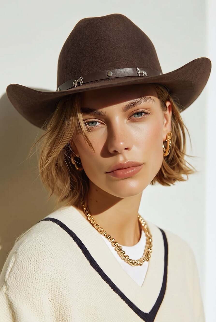 Brown Wool Western Fedora Cowboy Hat with Studded Belt